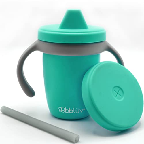 bblüv Küp - Taza de silicona para niños, 4 en 1, a prueba de fugas, con tapa y pajita, apta para alimentos, color azul