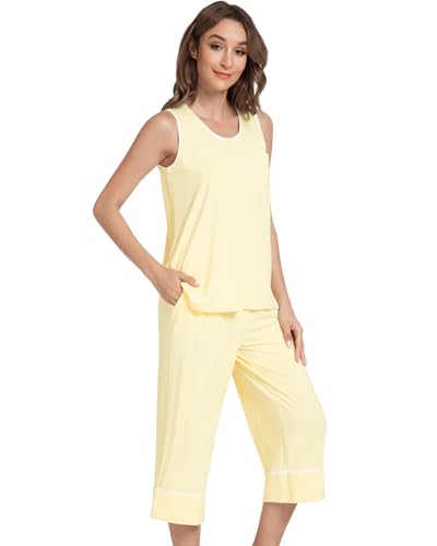 Image of NACHILA Pajamas Set for Women-Viscose Made from Bamboo, Tank Top with Capri Pants Pajama Cool Sleepwear Sleeveless Pjs