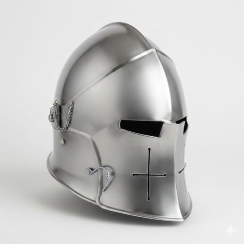 Image of AnNafi Barbuta Helmet | Viking Battle Knight Helmet Armour | Medieval Visored Barbute Helm for Cosplay | Wearable (Silver)