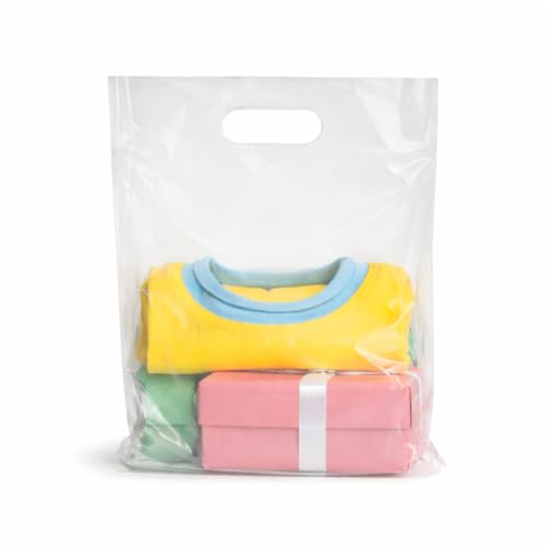 MMSBAGS Retail Plastic Merchandise Bags, Die Cut Handles, Strong, Tear Resistent, different Sizes and Colors. Perfect for Retail Stores, Parties or Any Events. Packs 100/200/500 (100, Clear, 9x12)
