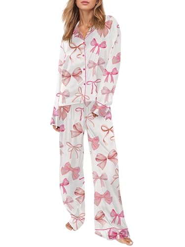 Svuitmsl Women Silk 2 Piece Satin Pajamas Set Cute Bow Long Sleeve Button Down Shirt and Pants Lounge Set Sleepwear Jammies (A-Pink, M)