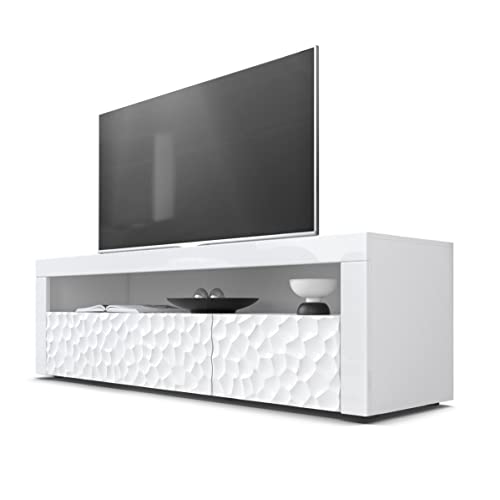 Vladon Buffet Bas Valencia, Meuble TV avec 1 Compartiment Ouvert et 2 clapets, Blanc/Blanc Haute Brillance Calypso Structure 3D/Blanc Haute Brillance (155 x 46 x 40 cm)