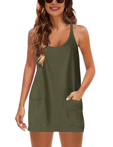 Image of Lentta Womens Athletic Sleeveless Mini Dress with Built-in Shorts V Neck Spaghetti Strap Sundress