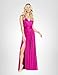Dress the Population Women's Krista V Neck TIE Waist Coated Jersey Slit Front Maxi Dress, Dark Magenta, Medium
