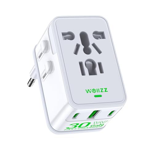 Adaptador de Viaje, Cargador Universal Mundial con Enchufe Europeo GAN 30W, 4 Puertos (1 AC, 1 USB-A, 2 USB-C), para USA, Europa, Reino Unido, Australia, Japón, Blanco