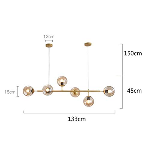 Lustre suspendu E27 avec 6 globes en verre ambré et structure dorée