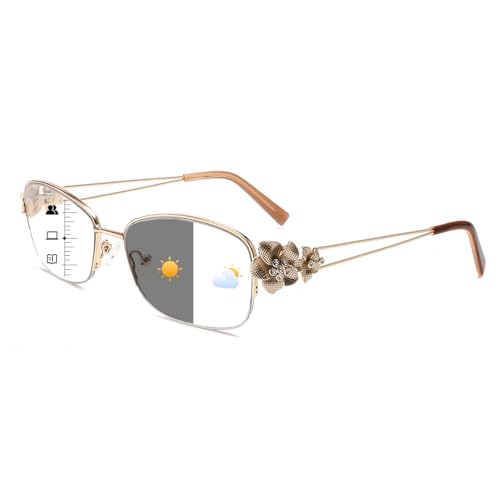 TOVEEN Photochromic Progressive Multifocal Reading Glasses for Women, Stylish Metal Half Frame Blue Light Blocking Sunglasses 1 Pack Gold +2.0
