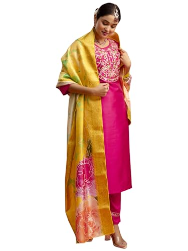 Image of VredeVogel Women's Silk Blend Embroidered Kurta Pant Set with Jacquard Dupatta | Modern & Traditional Blend Ethnic Wear Set