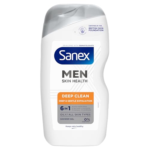 Sanex Men Skin Health Deep Clean Shower Gel 400ml x 6 - oily skin men’s body wash - reduces oil - removes dirt - gently exfoliates - protects from pollution - 6-in-1 benefits - dermatologically tested