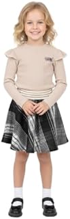 طقم بناتي أنيق للأطفال، بلوزة ريب كافيه وتنورة كاروه كلوش، مقاس 2-10 سنوات، قماش قطن وكتان