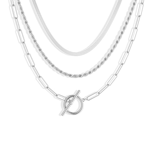 Freekiss 925 Sterling Silver Layered Toggle Necklaces for Women: Dainty Link Chain Necklaces Stack Paperclip Cuban Rope Adjustable Choker T-Bar Toggle Clasp Chunky Necklace for Women Trendy Jewelry