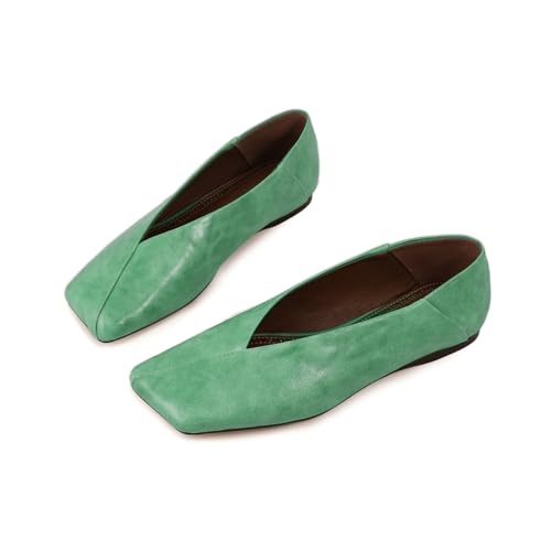 Fandimeier Women's Leather Ballet Flats Squared Toe Comfortable Dressy Slip On Walking Shoes for Casual Work