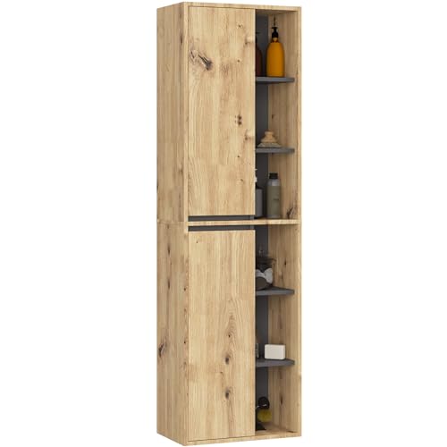 AKORD Colonne Salle de Bain Suspendue VAMI W50 - Meuble Mural 2 Portes, 10 Étagères - Rangement pour Cosmétiques et Serviettes, Fixation Murale - 50x170x30...