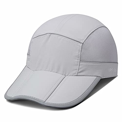 GADIEMKENSD Quick Dry Sports Hat Lightweight Breathable Soft Outdoor Run Cap Men Summer UPF 50+ Foldable with Reflective Tape Pocket Caps Unstructured Waterproof Fishing Camp Golf Dad Hat Light Gray