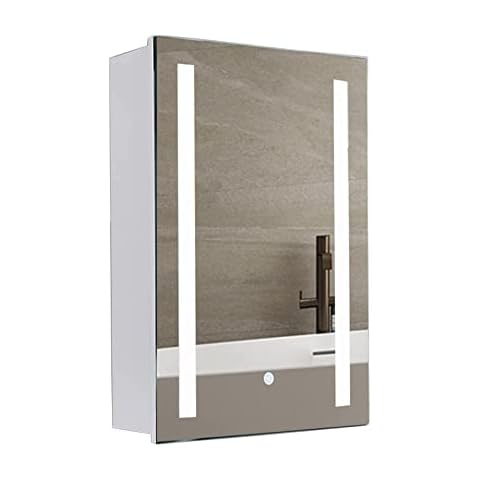 OUNUO 600 X 450 MM (HxL) LED illuminated Bathroom Mirror Cabinet, Bathroom Cabinets Wall Mounted With Light Shaver Socket, Demister Pad & Touch Switch Control, IP44 Cover