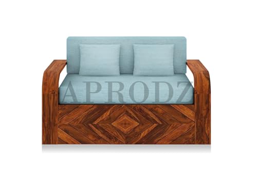Image of APRODZ Solid Wood Sofa Cum Bed 2 Seater with Side Storage Velevt Fabric with Two Cushions Perfect Sofa Furniture for Home Living Office Room and Guests (Honey Finish 75x51x30-Inch)