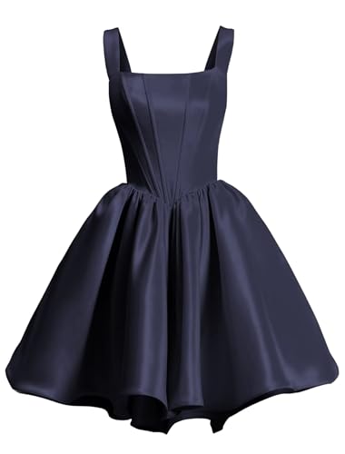 Yexinbridal Spaghetti Straps Satin Homecoming Dresses for Teens 2025 Square Neck Corset A-line Short Prom Dress with Pockets Navy 0