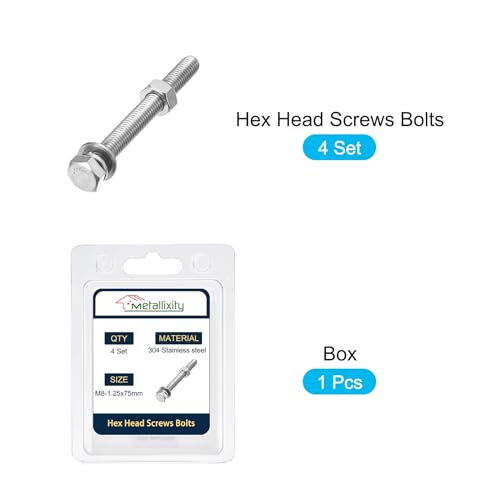 Image of METALLIXITY Hex Head Screws Bolts, Nuts, Flat & Lock Washers Kits (M8-1.25x75mm) 4 Set, Stainless Steel Fully Threaded Machine Screws Bolt Set - for Home Appliance Equipment