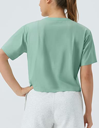 The Gym People Women's Workout Crop Top T-Shirt Short Sleeve Boxy Yoga Running Cropped Basic Tee Light Green #TOP3