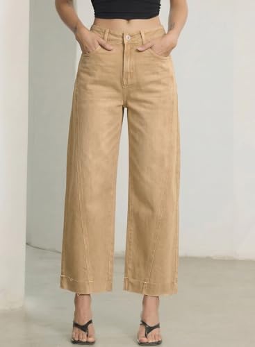 Image of Sidefeel Barrel Jeans for Women High Waisted Wide Leg Baggy Stretchy Trendy Raw Rolled Hem Capri Cropped Ankle Denim Pants