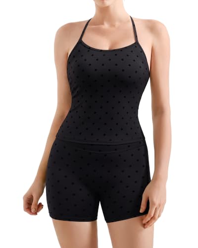 Image of SUUKSESS Women 2 Piece Workout Sets High Waisted Tummy Control Biker Shorts Halter Padded Tank Tops