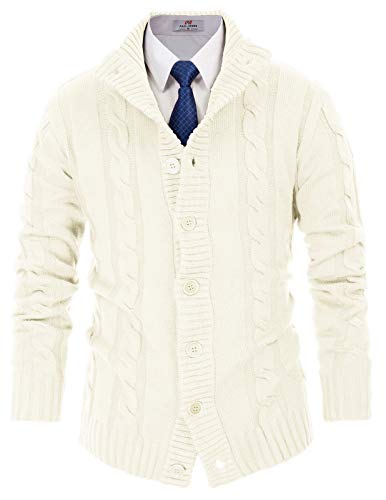 PJ PAUL JONES Mens Fashion Cable Knitted Cardigan Sweaters for School/Work/Daily Wear M White