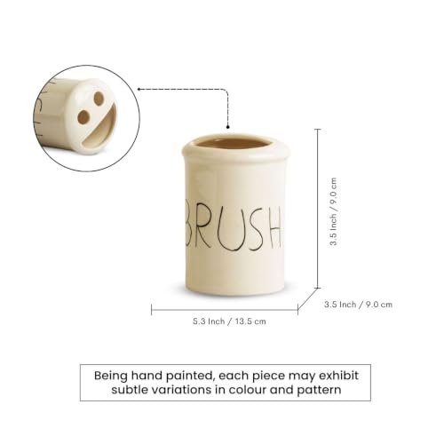 Image of ExclusiveLane 'Hand Lettered' Hand-Painted Ceramic Bathroom Accessories Set of 2 (Liquid Soap Dispenser for Wash Basin, Paste & Toothbrush Holder) |Handwash Dispenser |Bathroom Organiser Set