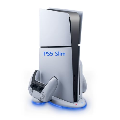 Wigearss PS5 Slim Kühler Standfuß mit Dual Controller Ladegerät, PS5 Controller Ladestation Standfuß mit Lüfter für PS5 Slim, Nicht für PS5/PS5 Pro