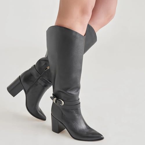 WIRALOMI Knee High Boots for Women Pointed Toe Chunky Heel Boots Metal Buckle Boots with Side Zipper3