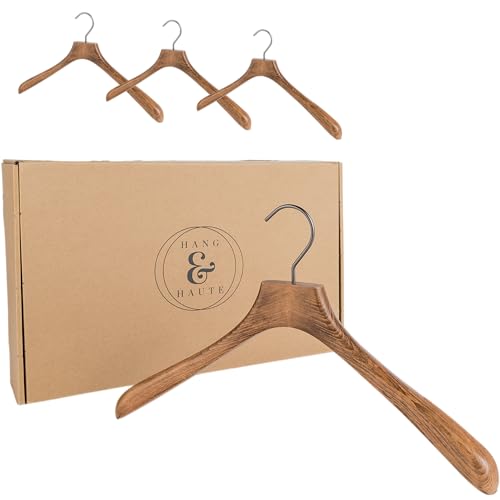 Hang & Haute 4er-Set Premium Kleiderbügel, breit aus hochwertigem Buchenholz - in luxuriösem Vintage-Design, ideal für Jacken, Mäntel, Anzug-Garderobe, Hemden oder Shirts Standardgröße und anti-rutsch