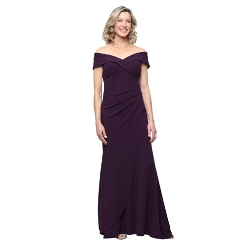 Image of Alex Evenings Women's Off the Shoulder Stretch Crepe Dress with Fishtail Back, Floor Length Mother of the Bride Dress