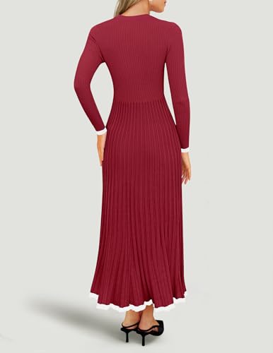 ZESICA Women's Long Sleeve Sweater Dress Fall 2025 Crewneck Ribbed Knit Pleated A-Line Maxi Wedding Guest Dresses,Wine,Large - Thumbnail 4