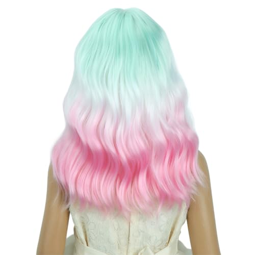 Image of Colorful Wig for Women Green White Pink Ombre Wig with Bangs Adult Short Wavy Curly Wigs Synthetic Cosplay Hair Wigs