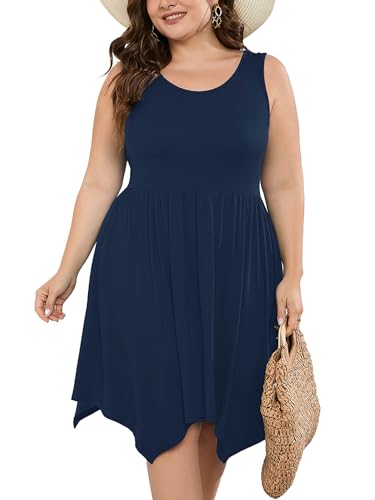 Image of AusLook Plus Size Summer Tank Dress for Women Casual Sleeveless Crewneck Pleated Babydoll Swing Sundresses with Pockets 1X-5X