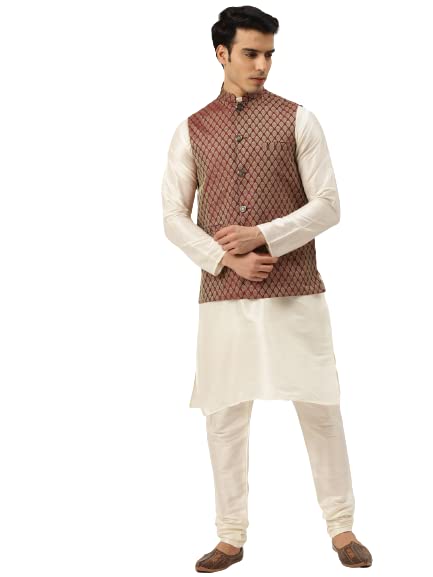 SOJANYA (Since 1958 Men's Silk Blend Off White Kurta Pyjama & Maroon Self Design Nehru Jacket Combo