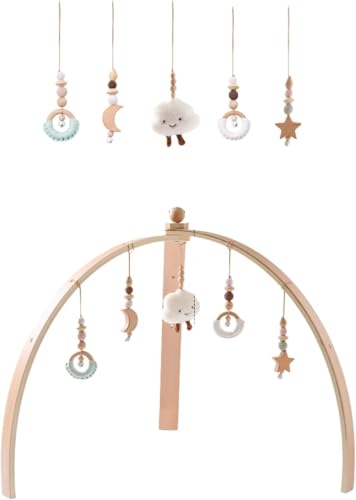 DancJulieベビージム・プレイマットジムセット木製 プレイジム 新生児 0ヶ月〜 早期教育 ベビー用品 木製 あんよバタバタ うつ伏せ ねんね期 ハイハイ期 知育玩具 人気 出産祝い 女の子 男の子 (三脚+ クラウドペンダント)