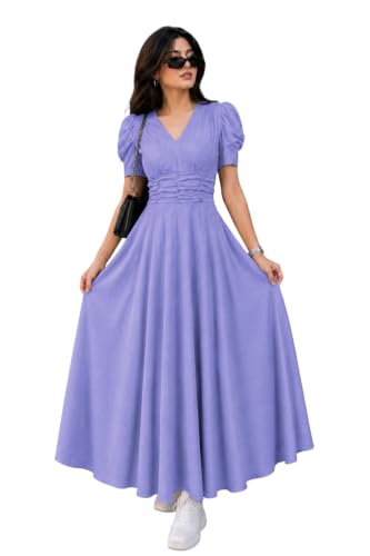 Image of Preneum Girl's & Women's Solid Color V-Neck A-Line Maxi Dress for Women | New Year Party Outfit | Waist Cinched Puff Sleeve Western | Elegant Casual Wear (Availble in Plus Size)