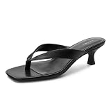 FITORY Women's Sexy Kitten Heel Flip Flops,Square Open Toe Low Heel Sandals, Slip on Comfortable Thong Heels for Causal Black Size 8