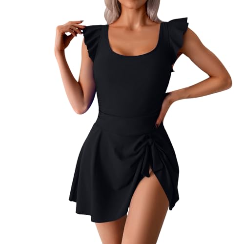 Traje de baño para mujer, cuello cuadrado, color sólido, control de abdomen, traje de baño de una pieza, conservador, delgado, elegante traje de baño atlético, Negro, XXL