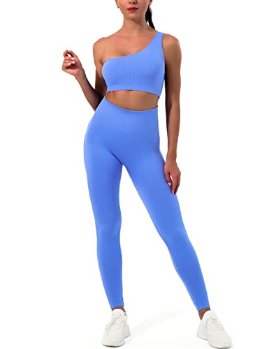 Workout Sets for Women 2 Piece, Sportneer Ribbed Seamless High Waisted Leggings and Cute Sports Bra Matching Gym Yoga One Shoulder Set Active Workout Set