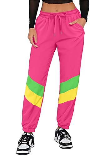 UOUA 80s Pants Women 90s Neon Workout Joggers Casual Reversible Sweatpants with Pockets Pink L