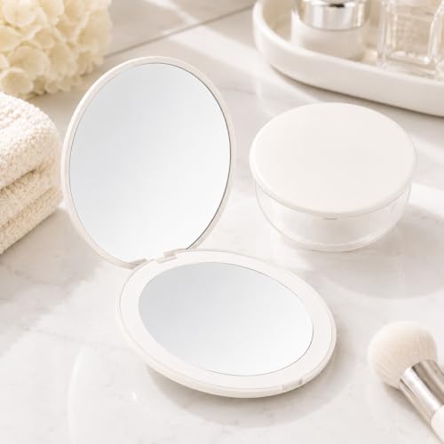 Espelho Compacto de Bolso com Luz LED e Ampliação 1X/2X, Recarregável via USB, Ideal para Bolsa, Viagens, Maquiagem e Uso Diário – Qualidade Premium LNMAX® (Branco)