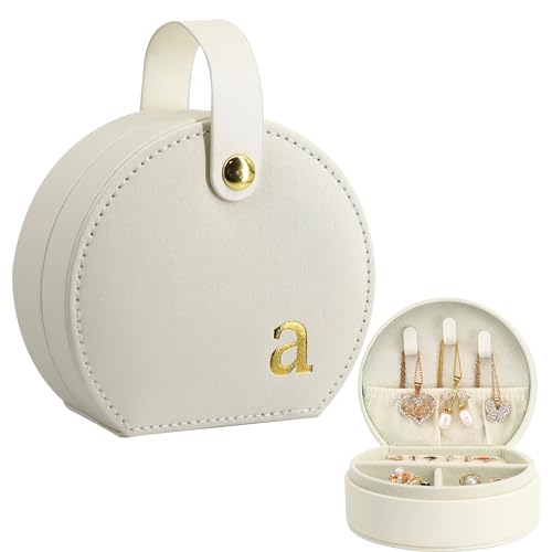 COLLECTIVE HOME - Travel Jewelry Case, Elegant Half-Moon Design with Gold Monogram, Detachable Handle, Personalized Accessory Organizer, Gift for Fashion-Forward Women and Teens (a)