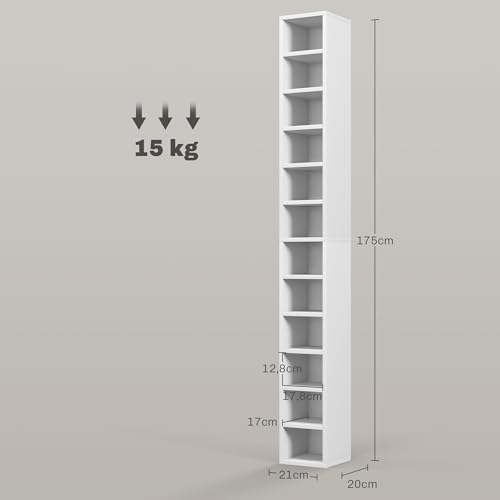 Miniatura 3 de Mueble Para Cd Y Dvd Homcom, Estante De Columna, Mueble Con 12 Compartimentos, Capacidad Máx. 204 Cd, 21 X 20 X 175 Cm, Blanco