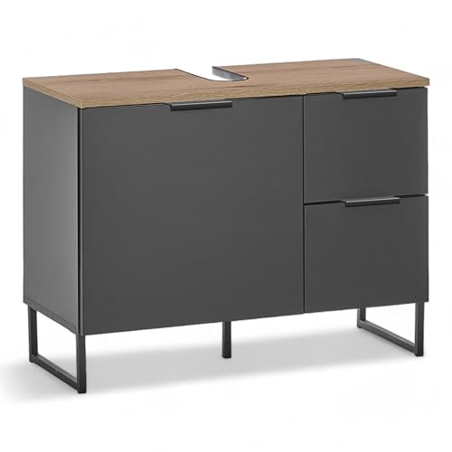 Stella Trading Denver Lavabo Color Negro/Aspecto Certificado FSC, Armario bajo el baño con Mucho Espacio de Almacenamiento, Madera de ingeniería, Black Evoke Roble, Waschbeckenunterschrank 80 cm