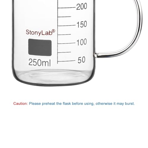 Image of stonylab Glass Beaker with Handle, Borosilicate Glass Graduated Low Form Griffin Beaker with Handle and Pouring Spout, 250 ml