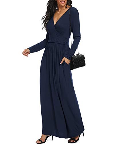 Image of LILBETTER Women Long Sleeve Deep V Neck Loose Plain Long Maxi Casual Dress