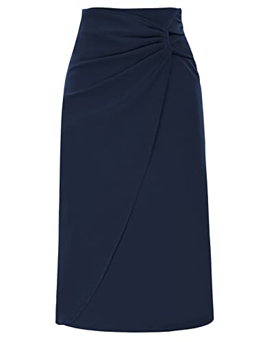 Kate Kasin Women Midi Skirts High Waisted Knot Side Ruched Elegant Business Casual Skirts Day and Work Pencil Skirt Navy Blue&Midi XXL