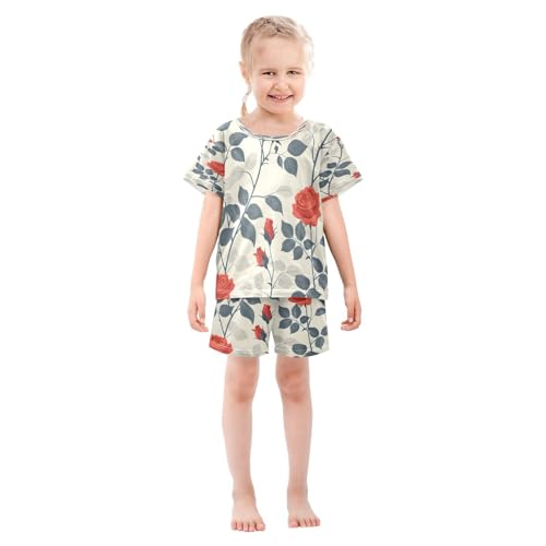 senya Short Sleeve Pajamas Sets Summer Cotton Sleepwear Flower Leaves Rose Ink Red White3