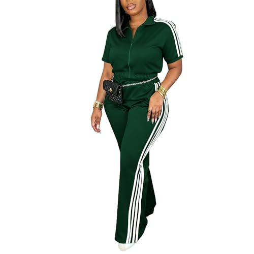 HBQ Womens Two Piece Tracksuit Set Short Sleeve Zip Up Polo Top Side Stripe Flare Pants with Pocket Athletic Casual Outfit-Dark Green-L